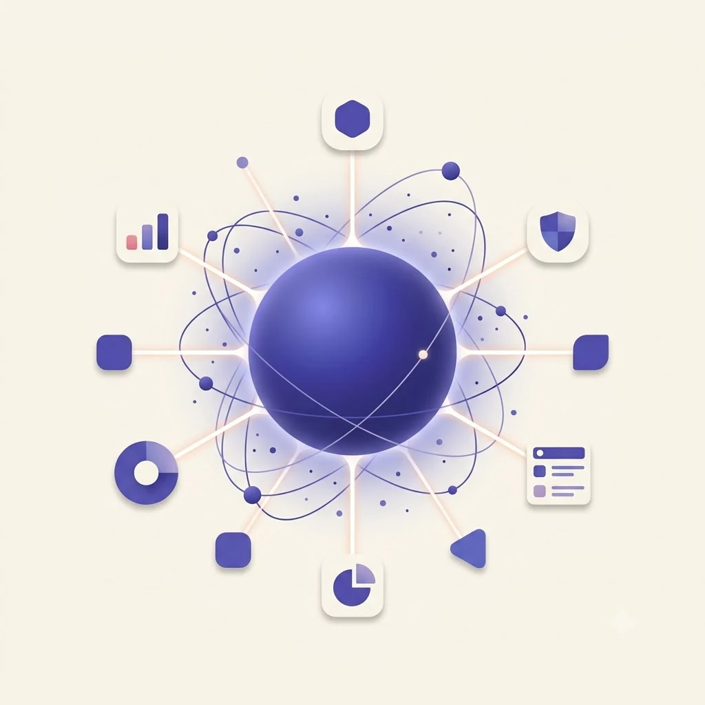 Illustration Lyra : sphère indigo entourée d'orbites et d'outils