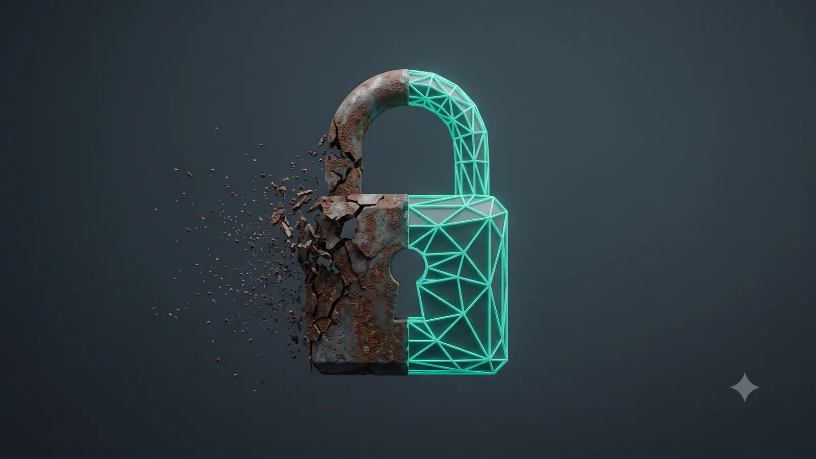 Un cadenas dont la moitié gauche, rouillée, se pulvérise, tandis que la moitié droite est reconstruite en trame géométrique lumineuse.