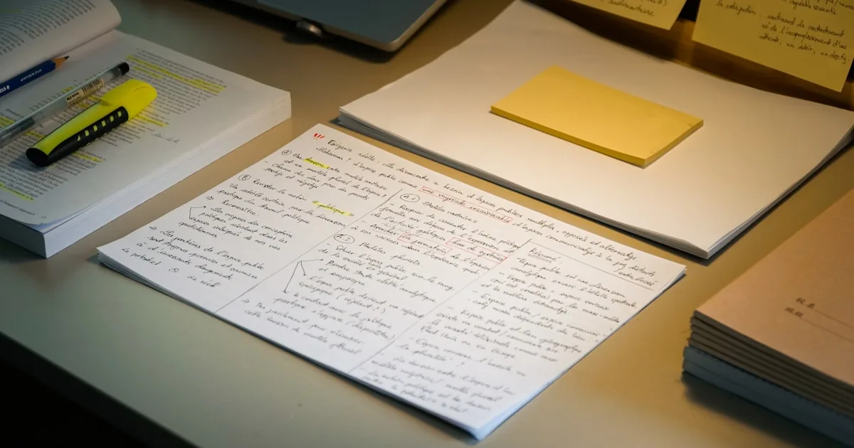 Cahier de notes manuscrites surlignées sur un bureau d'étude, illustration de la courbe de l'oubli et de la rétention après une formation