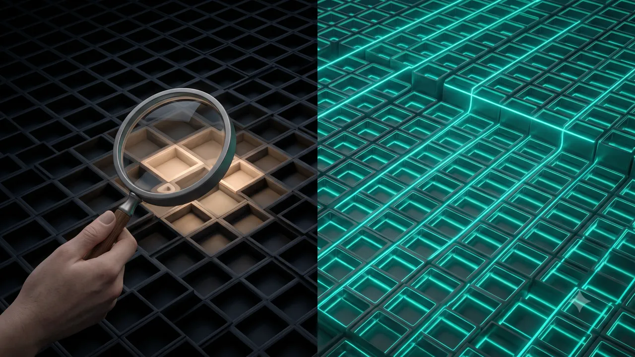 À gauche, une loupe éclairant seulement quelques cases d'une grille sombre ; à droite, la même grille entièrement balayée par une trame lumineuse continue.