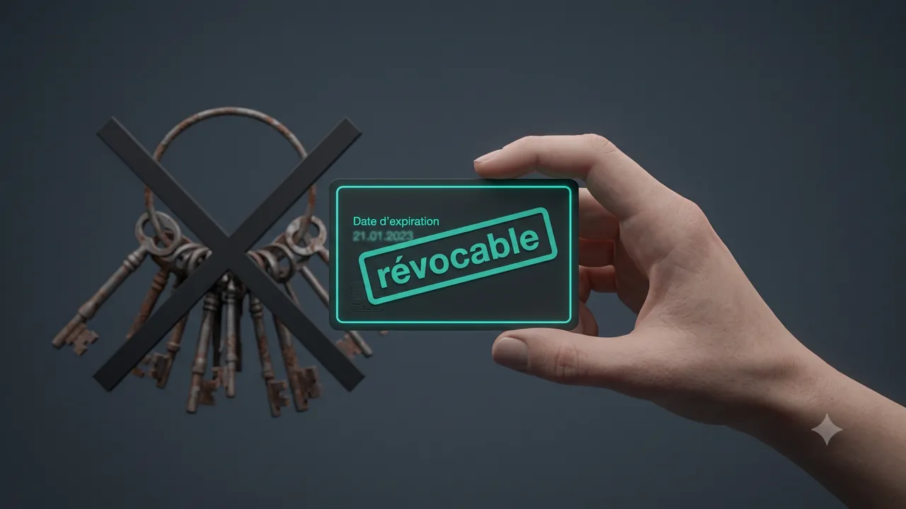 Une carte marquée « révocable » avec une date d'expiration, tenue à la main, remplaçant un trousseau de vieilles clés barré d'une croix.