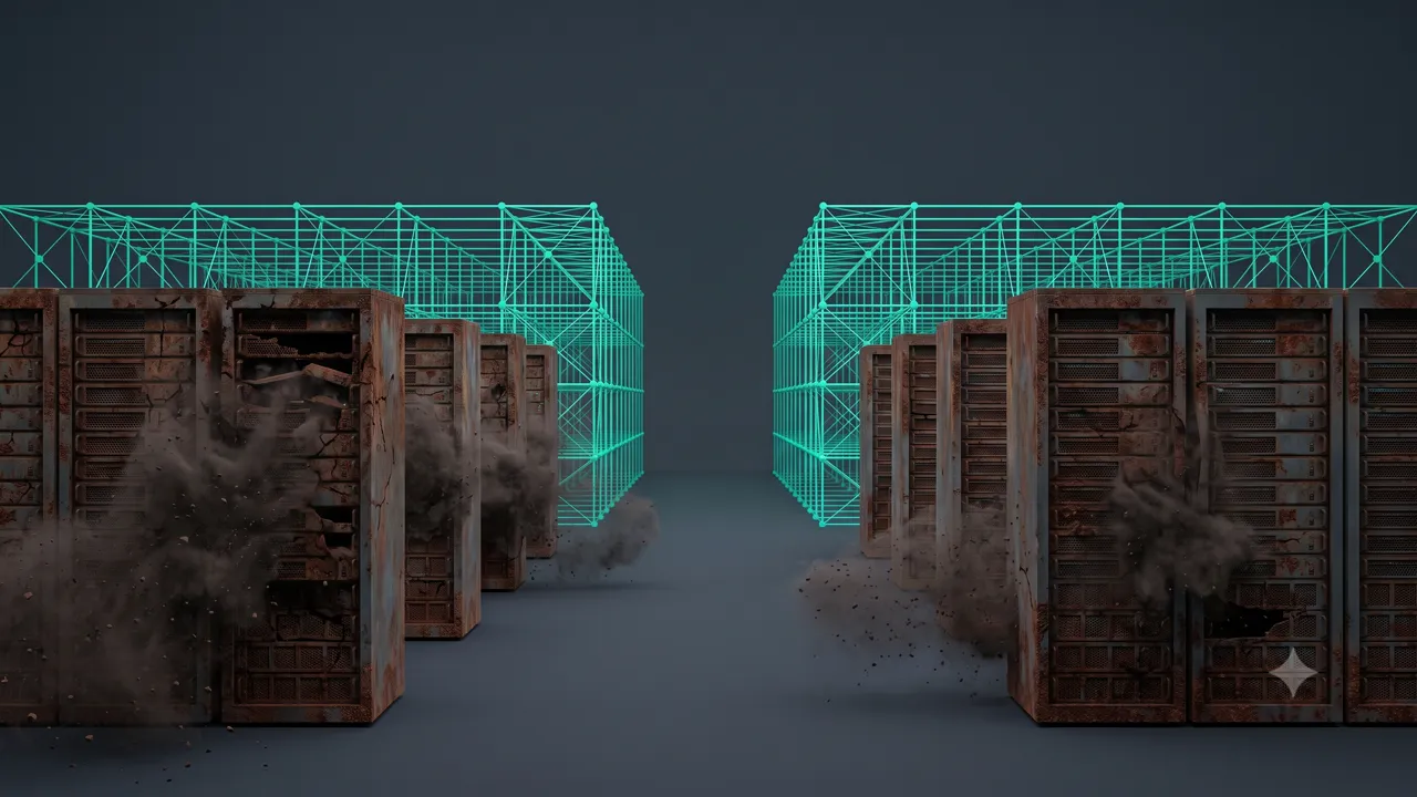 Des rangées de serveurs rouillés qui s'effondrent en poussière, se reconstruisant à l'arrière en une trame géométrique lumineuse intacte.