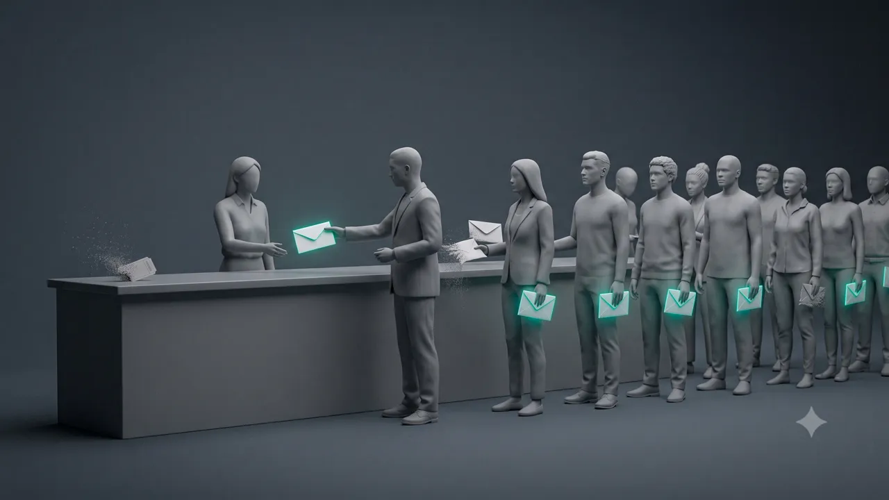 Une file de personnes tendant chacune une enveloppe scellée lumineuse à un guichet ; les envois invalides se désagrègent avant d'être lus.