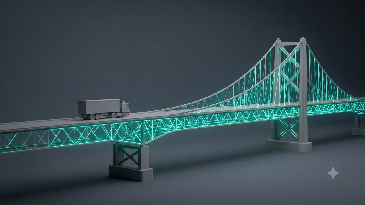 Un pont dont la structure est parcourue d'une trame lumineuse de lignes de force calculées, avant qu'un camion ne s'y engage.